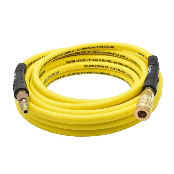 Interstate Pneumatics 1/4in 25 ft Yellow Hybrid Polymer Hose With 1/4in Brass Industrial 6-Ball Coupler & Steel Plug HH14-025H44BS - main